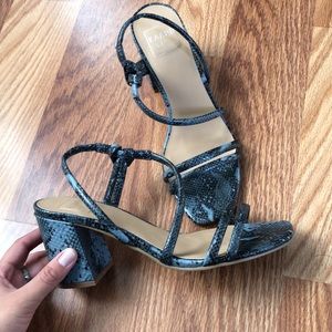 Blue and black snakeskin sandals heels
